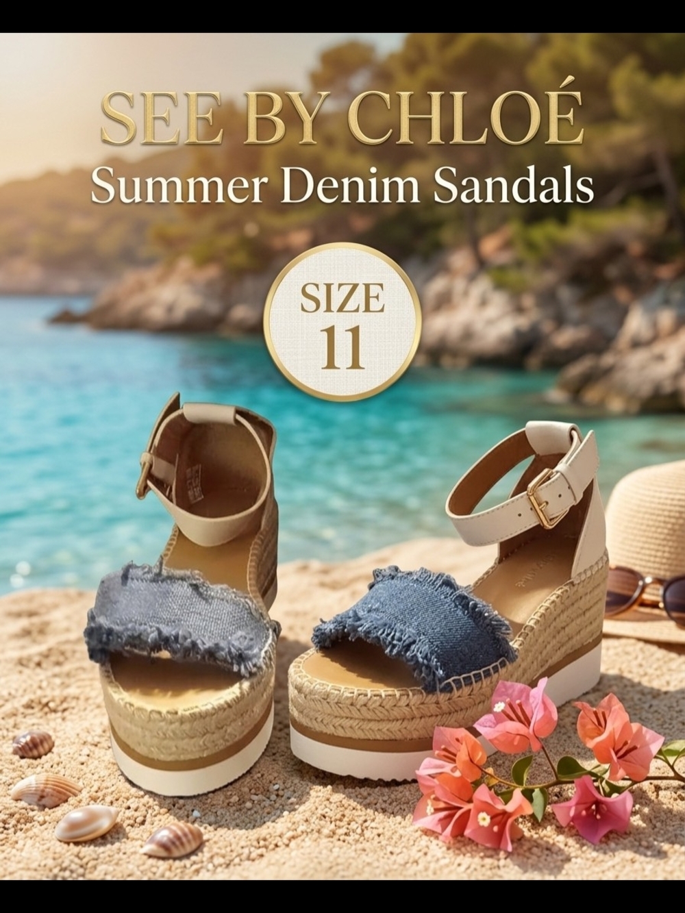 See By Chloé Denim Espadrille Platform Sandals in Blue and Tan